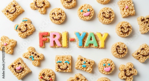 Rice crispy treat shapes with icing letters spelling ‘Fri-Yay’ on white background for Happy Friday celebration