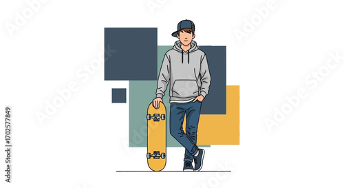 Stylish Young Man With A Skateboard Posing Against Abstract Colorful Background