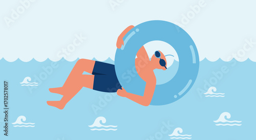 Summer Relaxation: Floating Man with Sunglasses Inside of a Lifesaver in Waters