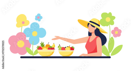 Summertime Freshness: A Woman Reaches Towards Two Bowls of Delicious Fruits