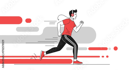 Running Man, Exercising, Listening Music, Healthy Lifestyle, Fitness Motivation, Vector Illustration