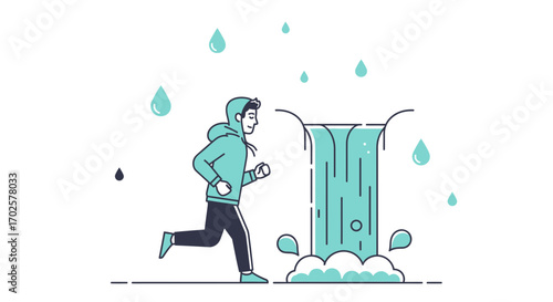 Running Man near Waterfall, Raindrops Falling, Fitness And Nature Scene Illustration
