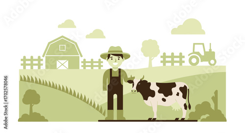 Rural Scene Depicting Farmer With His Cow And Barn With Countryside Elements