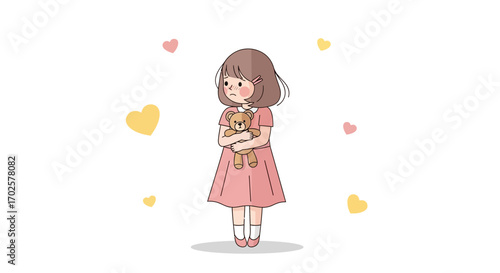 Sad Girl Holding Teddy Bear Surrounded By Hearts With a White Background