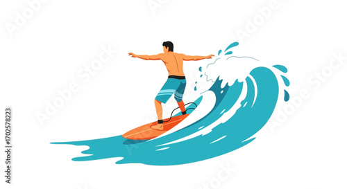 Surfer Navigating Giant Wave, Displaying Balance And Summer, Surfing Sport Illustration