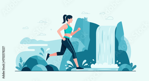 Scenic Running Adventure: A Woman Actively Enjoying Nature's Beauty, Flowing Waterfall