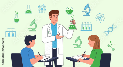 Science Class Illustrative Design Showing Teacher Explaining Experiments To Students