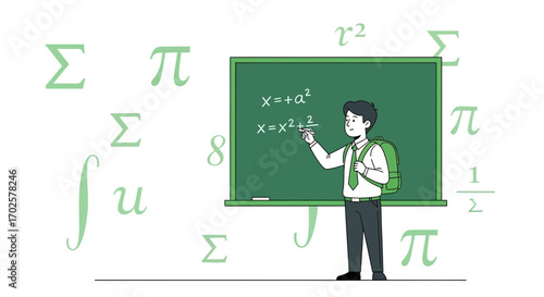 Schoolboy Explaining Equations In Front Of A Green Blackboard Illustration
