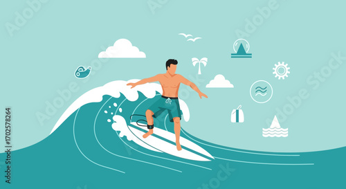 Surfer Riding a Wave Illustration with Summer and Beach Inspired Designs