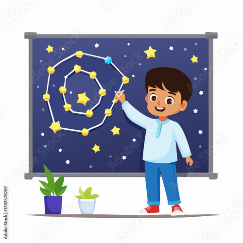 Young boy excitedly learning about constellations on a starry night sky board in classroom