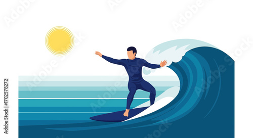 Surfer Riding The Awesome Wave On The Sea In A Beautiful Sunny Day Illustration