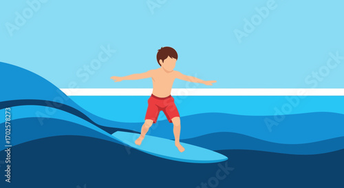 Surfer Riding Ocean Wave Illustration: A Vibrant Modern Depiction Of Water Sports Activity