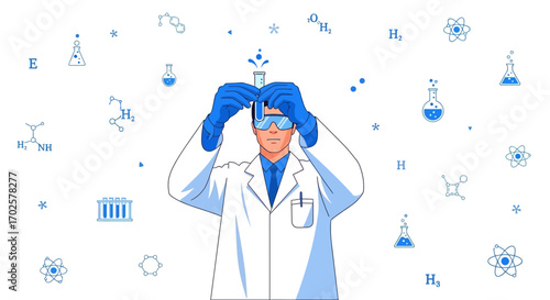 Scientist Analyzing a Chemical Sample in a Laboratory Setting with Scientific Symbols