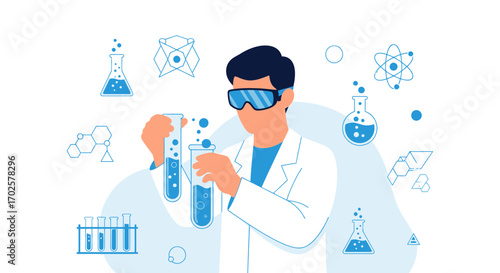 Scientist Analyzing Chemicals In Laboratory With Beakers And Molecular Structures