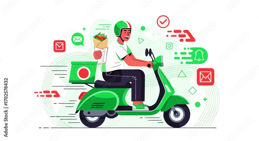 Fototapeta premium Swift Food Transport: A Smiling Courier Delivering Fresh Cuisine on a Green Scooter