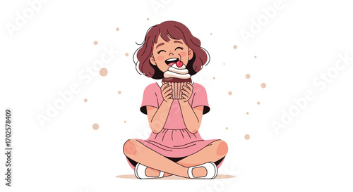 Sweet Girl Enjoying Delicious Cupcake While Sitting Happy and Full of Joy