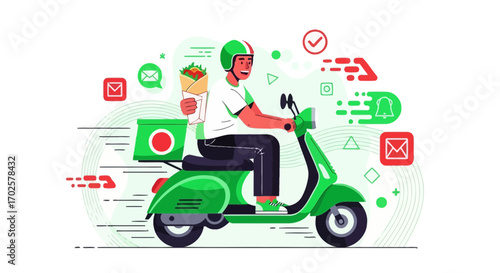 Swift Food Transport: A Smiling Courier Delivering Fresh Cuisine on a Green Scooter