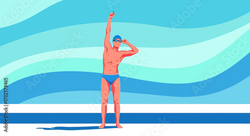 Swimmer Celebrating Victory In Front Of Beautiful Watery Abstract Background