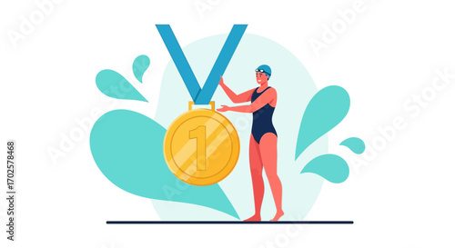 Swimmer Celebrating Victory, Holding Gold Medal, Aquatic Sport Champion Illustration