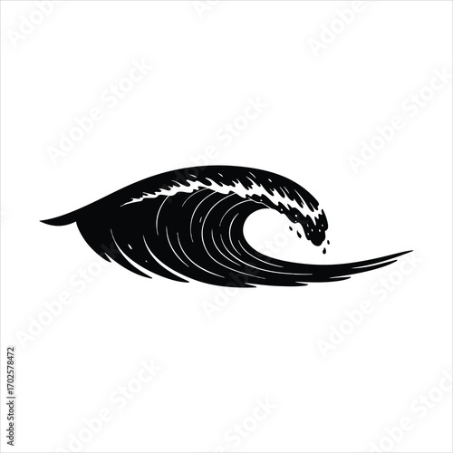 Powerful black cresting ocean wave artistic brush stroke style for dynamic water concepts