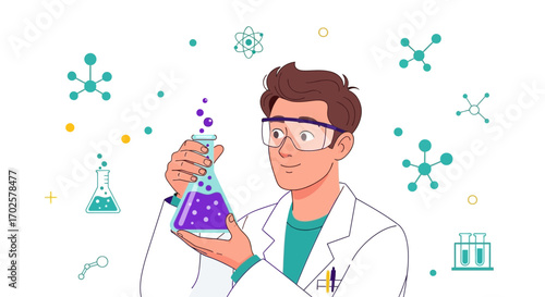 Scientist Conducting Study In Lab Inspecting Chemical Reaction With Molecular Symbols