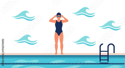 Swimmer Prepares For Competition With Goggles Waves And Pool Ready For Diving Activity