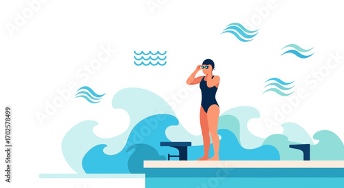 Swimmer Ready to Compete in Front of Big Waves with Clean and Minimalistic Illustration
