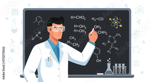 Scientist Explaining Molecular Structures On Blackboard In Laboratory Illustration