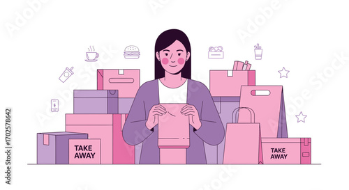 Takeaway Order Illustration: Young Lady Receiving Meal Delivery With Boxes And Bags