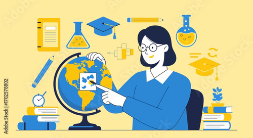Teacher Displaying Worldwide Education with a Globe Showing a Region on Earth for an Illustration