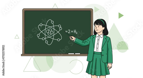 Teacher Demonstrates Equation On Blackboard Explaining Atom Structure, Educational Illustration