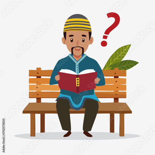 Man with book on bench wonders with question mark, seeking knowledge and answers