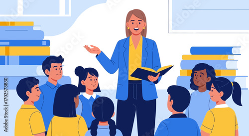 Teacher Educating Students During A Class Presentation In An Illustrated Setting