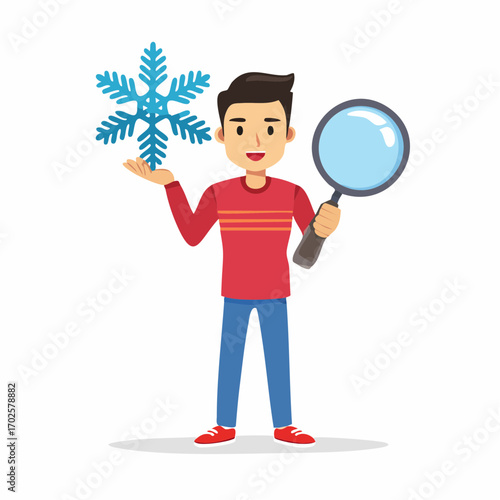 Young man examines snowflake with magnifying glass, discovering winter details and scientific wonder
