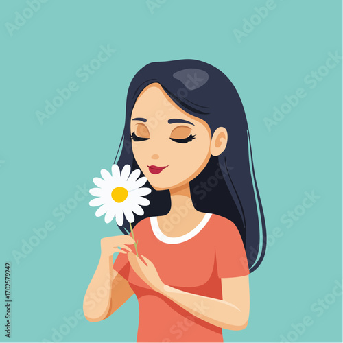 Young woman peacefully smelling a delicate daisy, embracing a moment of serene natural beauty and quiet joy.