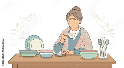Serene Afternoon: Elderly Woman Enjoying Tea Surrounded By Cookware And Utensils Illustration