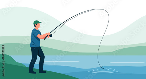 Serene Angler Casting Fishing Line In Calm Lake Amidst Rolling Gentle Hills Scenery