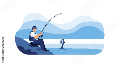 Serene Angler Enthralled By The Magnificent Catch At The Lake Creating Joyous Moments
