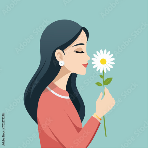 Serene woman gently smelling a delicate daisy, embracing moments of natural beauty and peaceful joy.