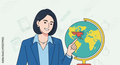 Teacher Explaining Geography With Globe Emphasizing Location In Animated Illustration