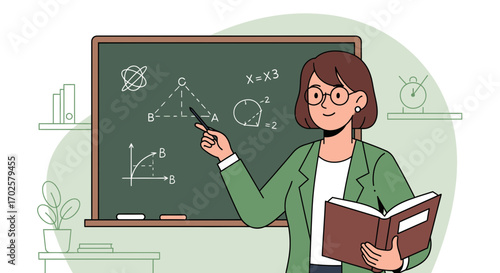 Teacher Explaining Geometry Concepts On Blackboard With Prepared Lesson and Hand Gestures