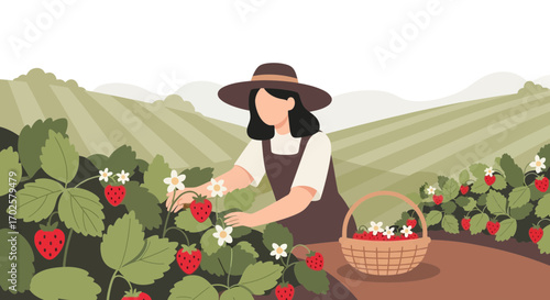 Serene Illustration Of A Woman Harvesting Strawberries In A Picturesque Field Scene