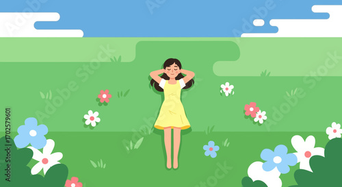 Serene Scene Depicting Lady Relaxing On Grass Amidst Colorful Flora And Skies