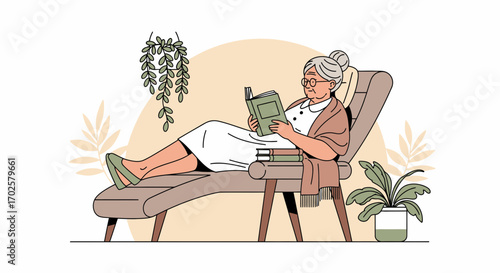 Serene Senior Woman Relaxing And Reading Book At Home In A Peaceful Ambiance Setting