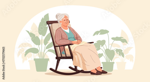 Serene Senior Woman Lounging Peacefully in Rocking Chair Amidst Potted Plants
