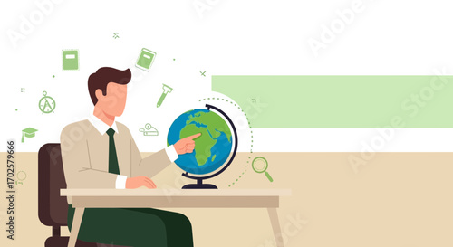Teacher Illustrating Geographical Concepts Using A Globe On A Modern Work Desk