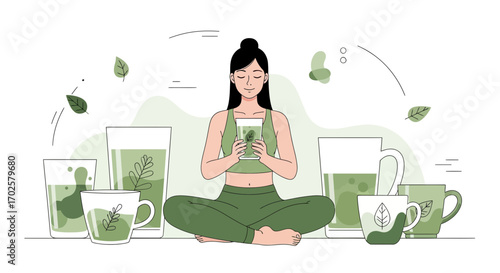 Serene Wellness: Woman Meditating with Matcha Tea for Relaxation and Health