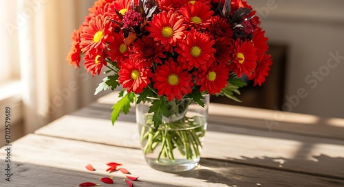 Red Gerbera Daisies in Glass Vase on Wooden Table.