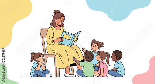 Teacher Reading A Book To Young Children During Story Time Illustration On White Background