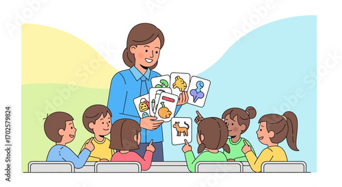 Teaching Preschoolers: A Teacher Showing Picture Cards to a Group of Young Students